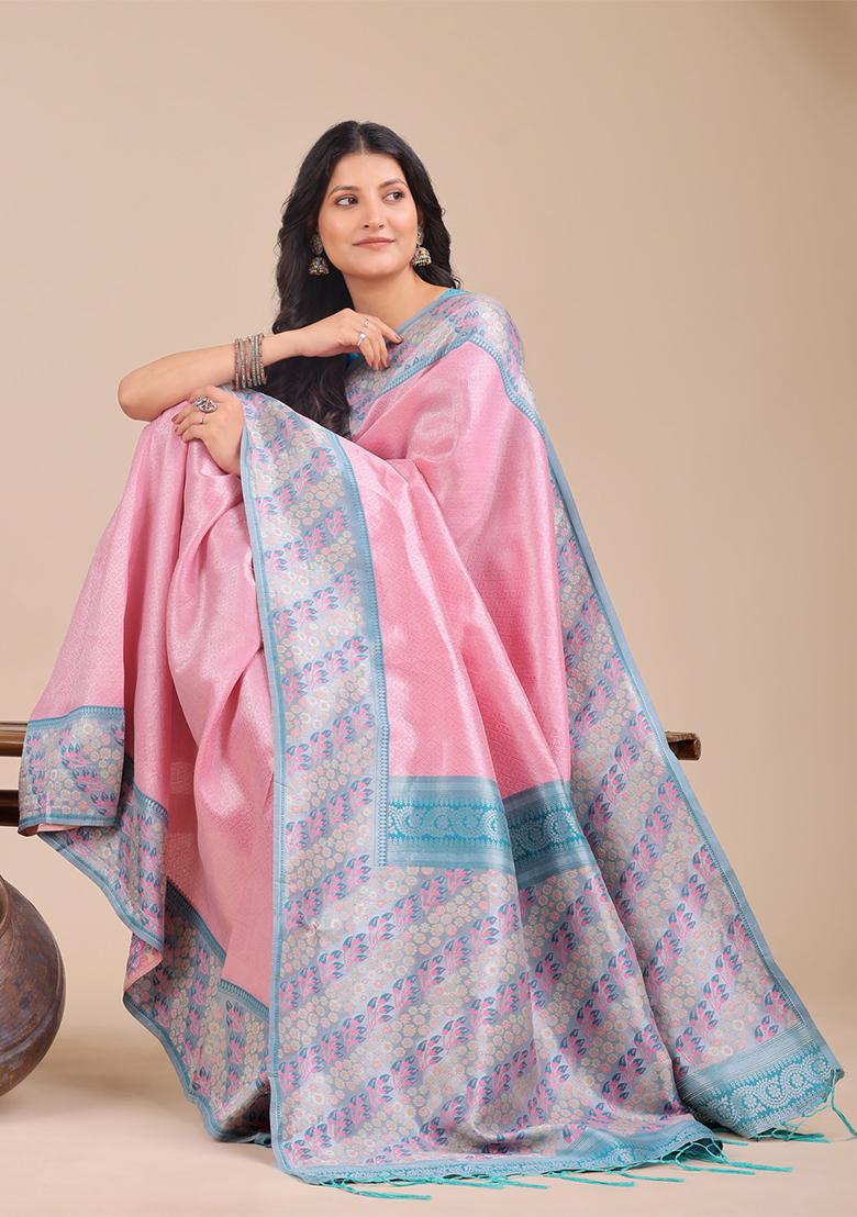 Light Pink Woven Zari Work Silk Saree Set