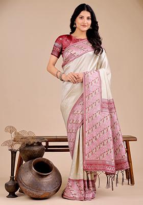 Cream Woven Zari Work Silk Saree Set