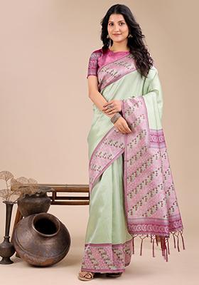 Light Green Woven Zari Work Silk Saree Set
