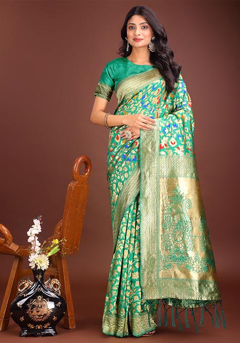 Green Woven Zari Work Lichi Silk Saree Set