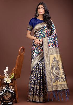 Navy Blue Woven Zari Work Lichi Silk Saree Set