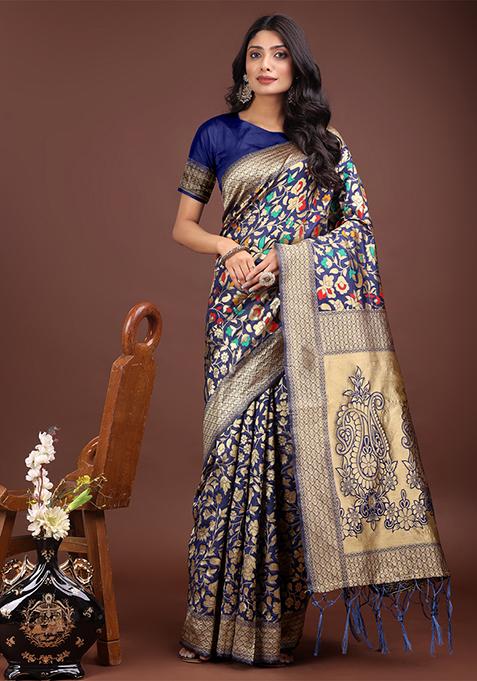 Navy Blue Woven Zari Work Lichi Silk Saree Set