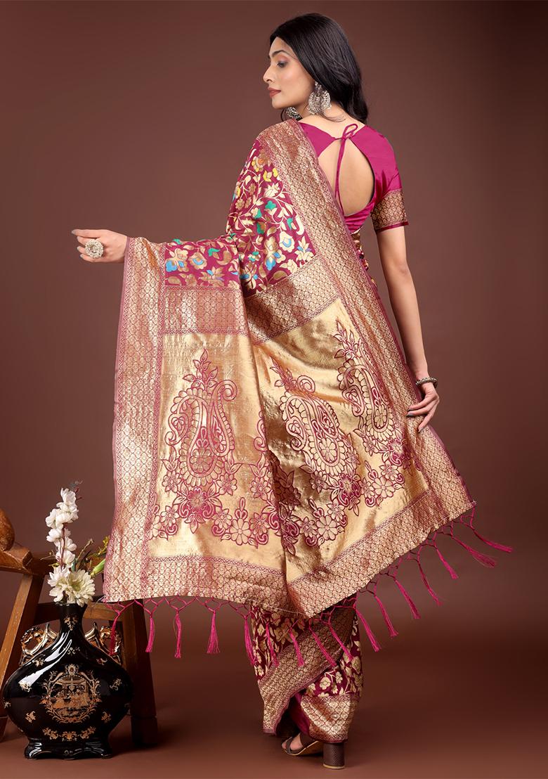 Magenta Woven Zari Work Lichi Silk Saree Set