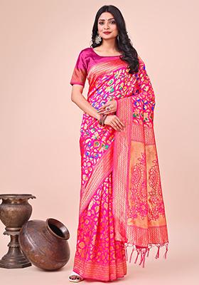 Pink Woven Zari Work Lichi Silk Saree Set