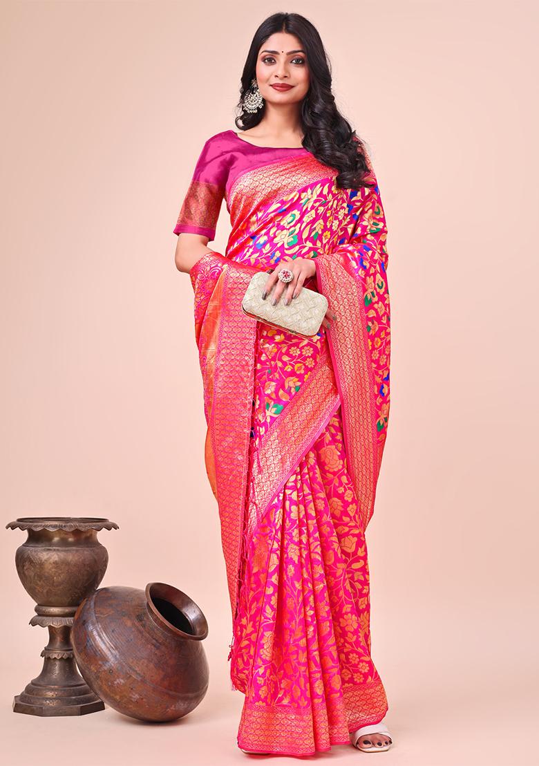 Pink Woven Zari Work Lichi Silk Saree Set