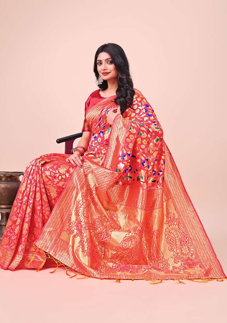 Maroon Woven Zari Work Lichi Silk Saree Set - Indya