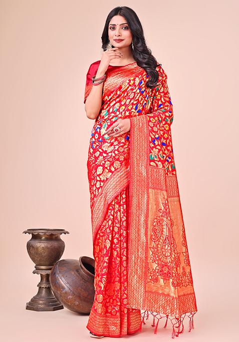 Red Woven Zari Work Lichi Silk Saree Set