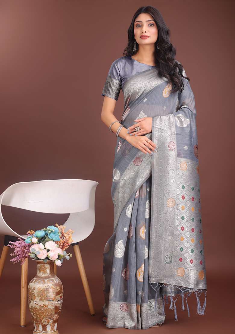 Grey Woven Zari Work Linen Cotton Saree Set - Indya