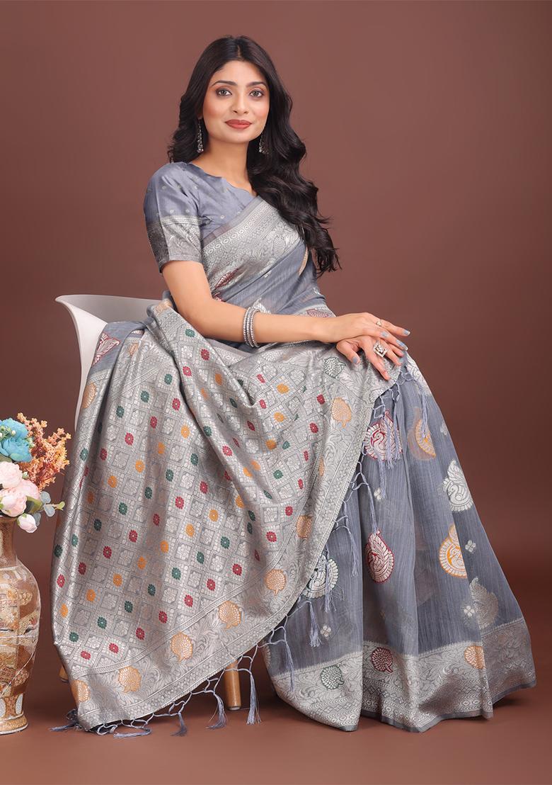 Grey Woven Zari Work Linen Cotton Saree Set