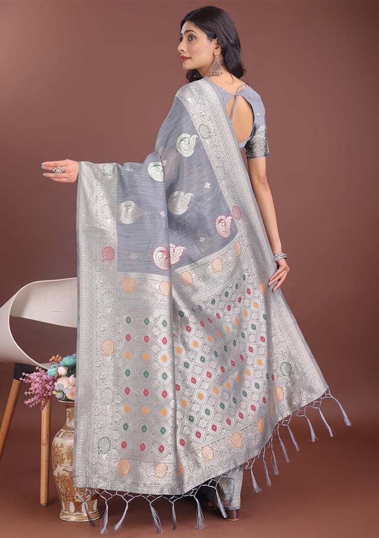 Grey Woven Zari Work Linen Cotton Saree Set
