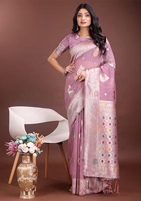 Purple Woven Zari Work Linen Cotton Saree Set