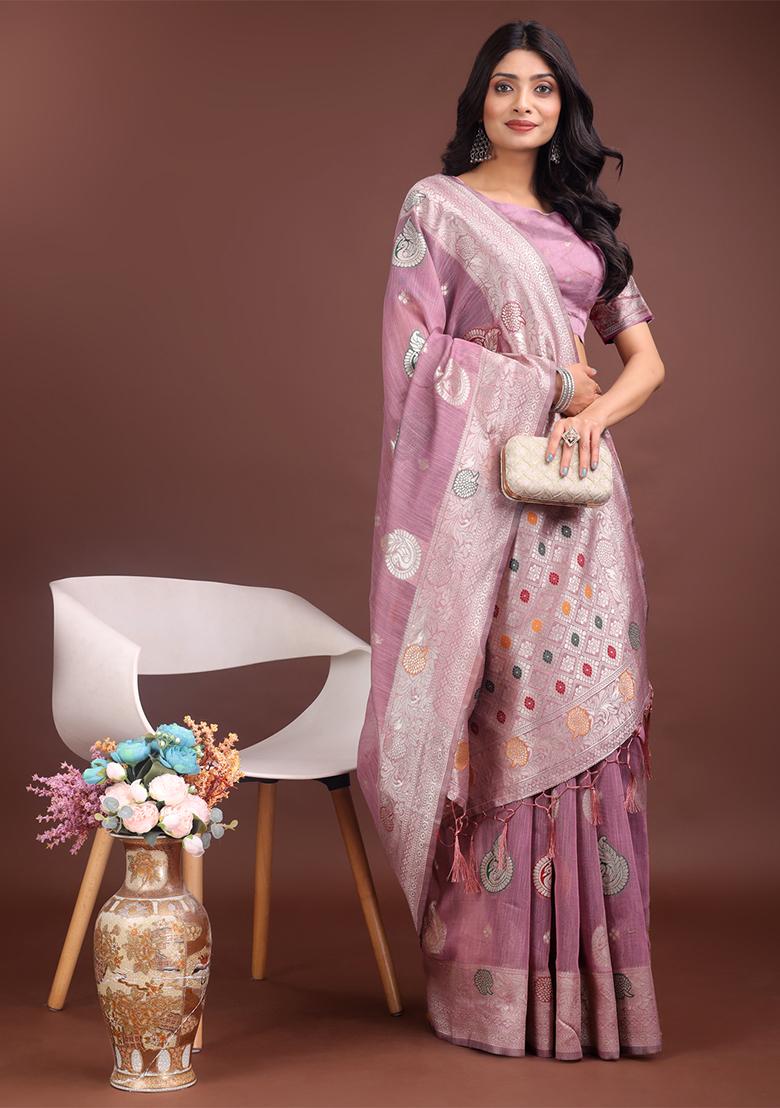 Purple Woven Zari Work Linen Cotton Saree Set