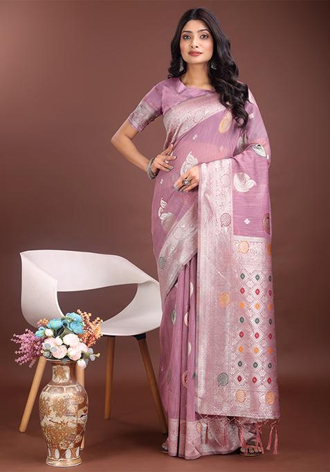 Purple Woven Zari Work Linen Cotton Saree Set