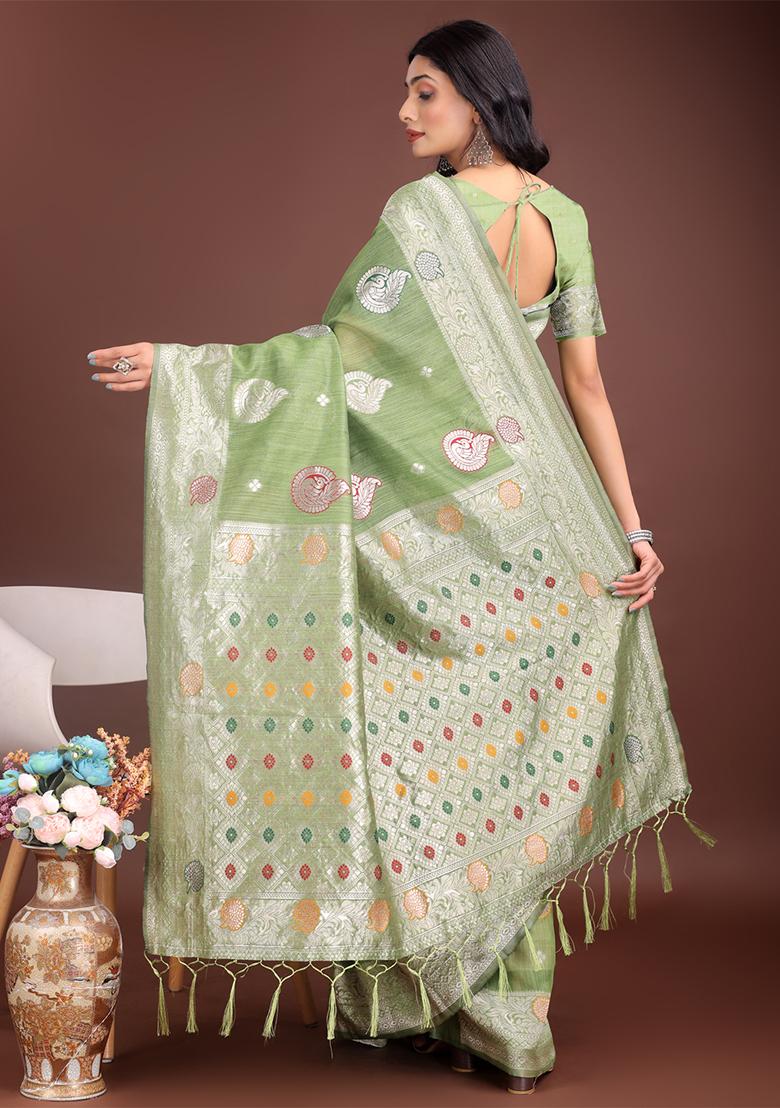 Light Green Woven Zari Work Linen Cotton Saree Set