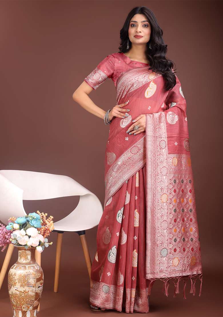 Pink Woven Zari Work Linen Cotton Saree Set - Indya