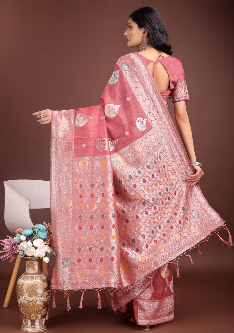 Pink Woven Zari Work Linen Cotton Saree Set