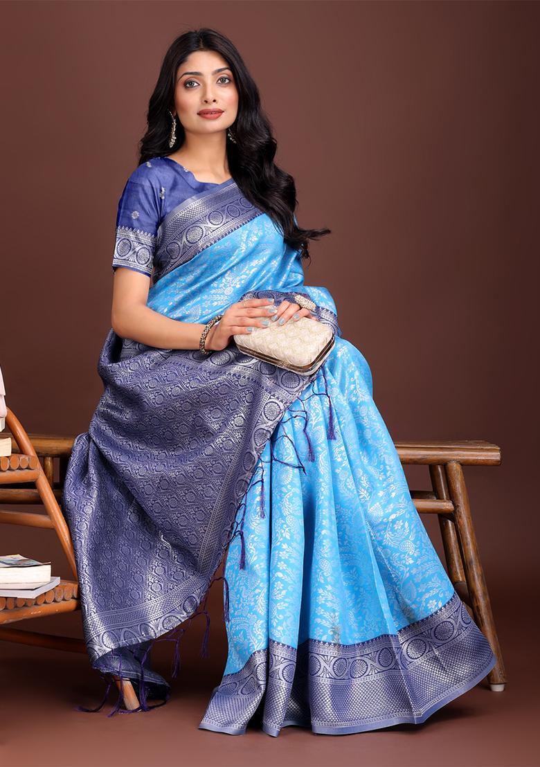 Sky Blue Woven Zari Work Lichi Silk Saree Set