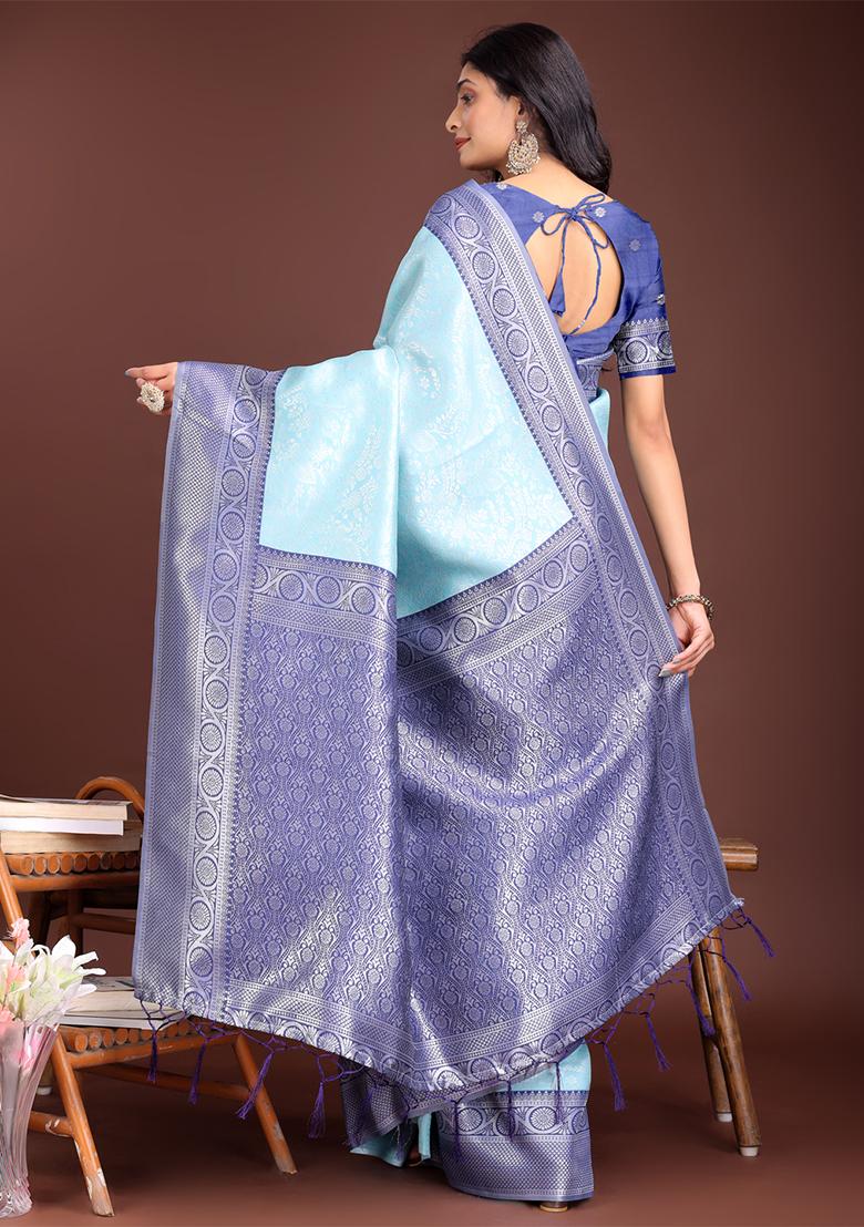 Teal Blue Woven Zari Work Lichi Silk Saree Set