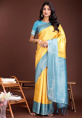 Yellow Woven Zari Work Lichi Silk Saree Set