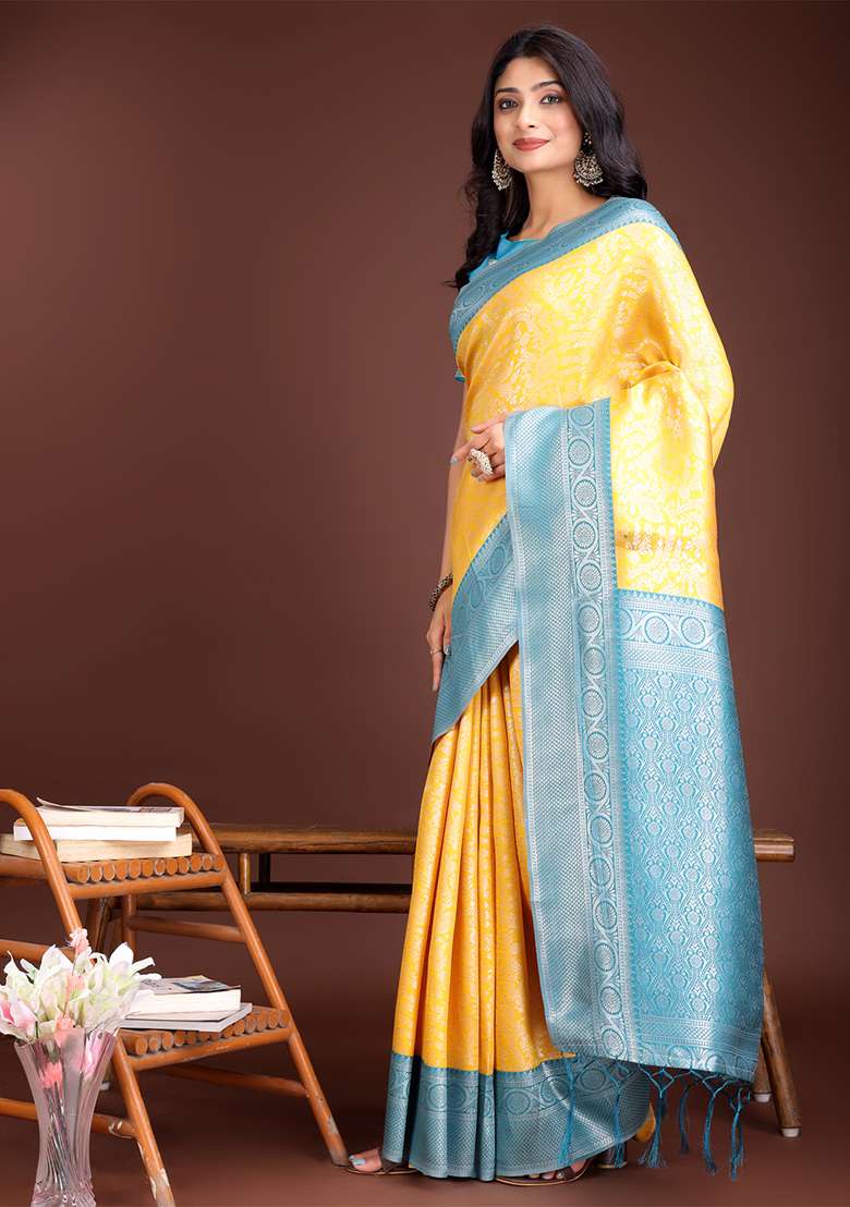Yellow Woven Zari Work Lichi Silk Saree Set - Indya
