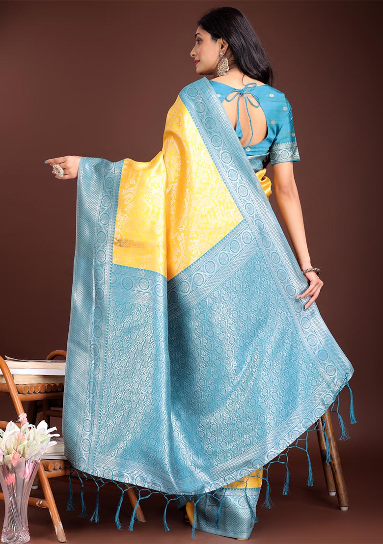 Yellow Woven Zari Work Lichi Silk Saree Set