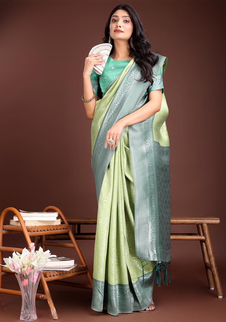 Light Green Woven Zari Work Lichi Silk Saree Set