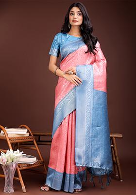Peach Woven Zari Work Lichi Silk Saree Set