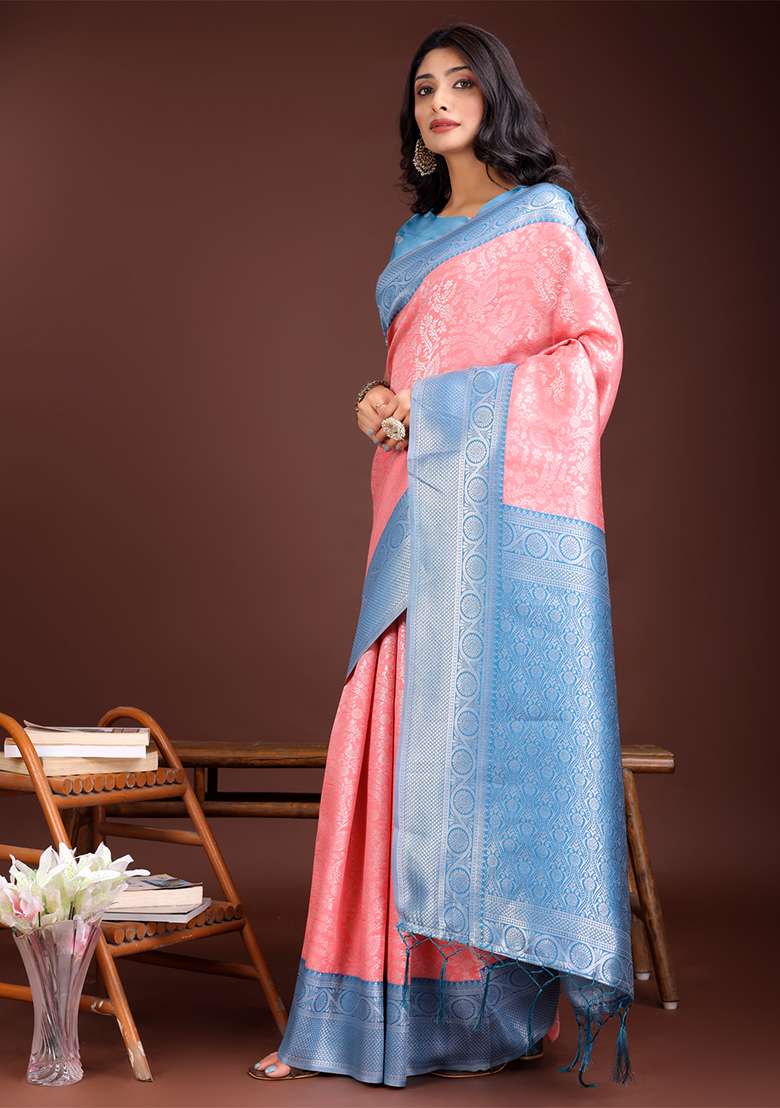 Peach Woven Zari Work Lichi Silk Saree Set - Indya