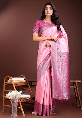Light Pink Woven Zari Work Lichi Silk Saree Set