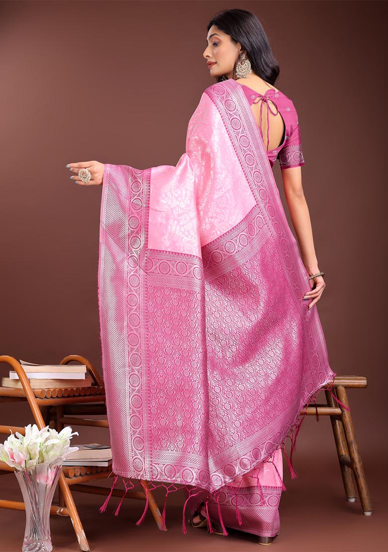 Light Pink Woven Zari Work Lichi Silk Saree Set