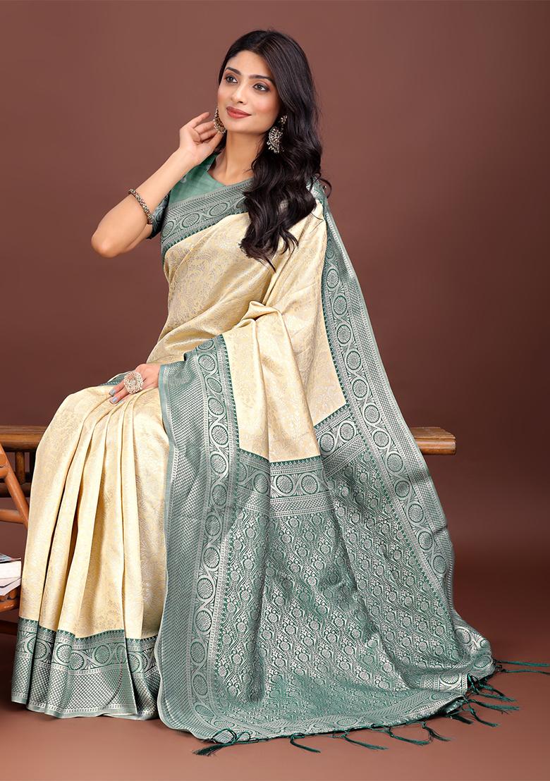 Cream Woven Zari Work Lichi Silk Saree Set