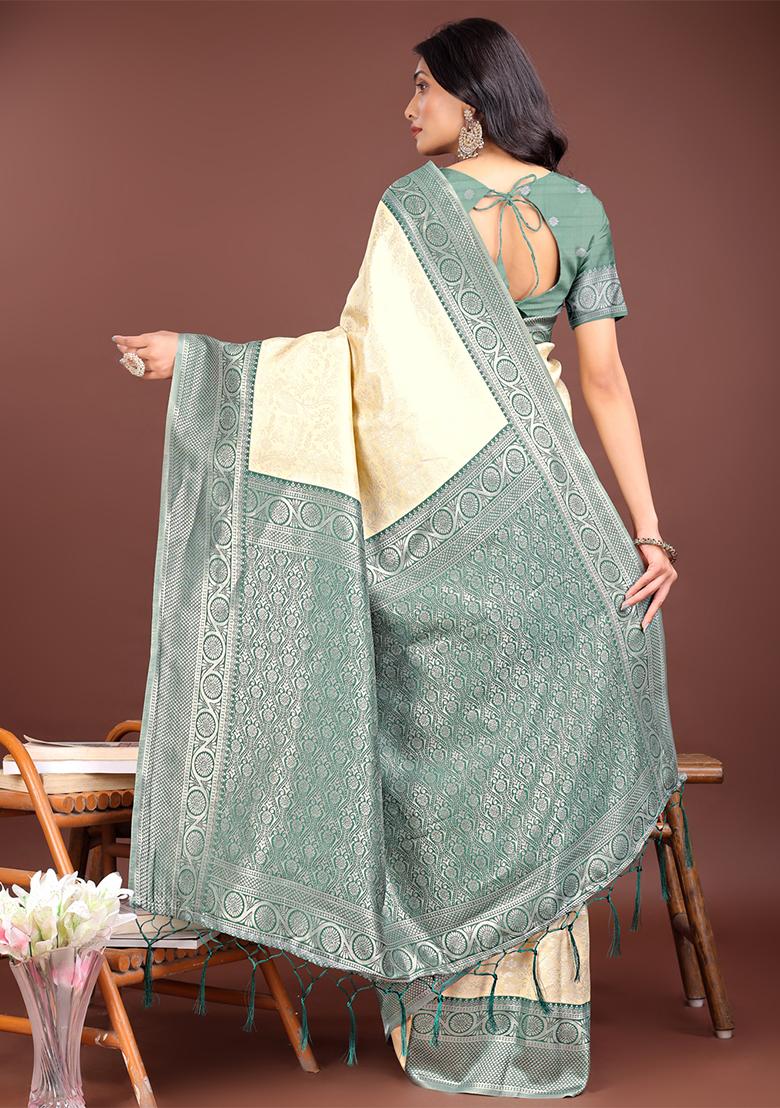 Cream Woven Zari Work Lichi Silk Saree Set