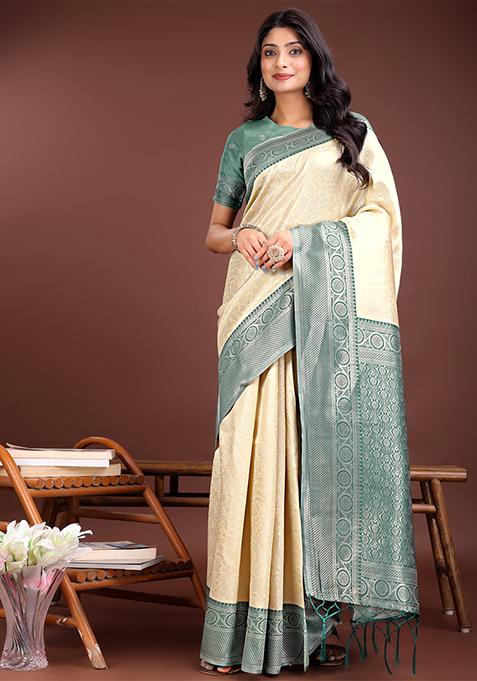 Cream Woven Zari Work Lichi Silk Saree Set