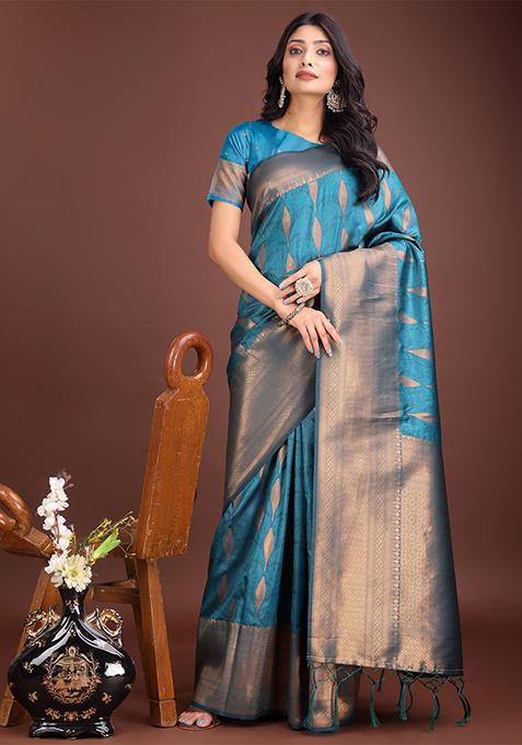 Sea Green Woven Zari Work Banarasi Silk Saree Set