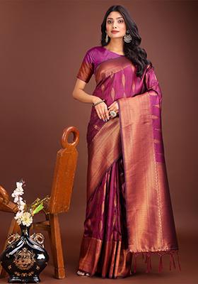 Purple Woven Zari Work Banarasi Silk Saree Set