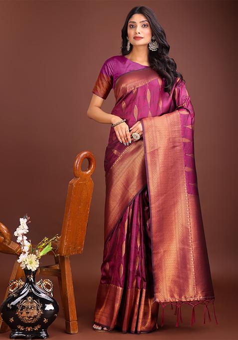 Purple Woven Zari Work Banarasi Silk Saree Set