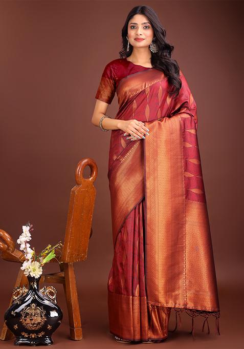 Maroon Woven Zari Work Banarasi Silk Saree Set