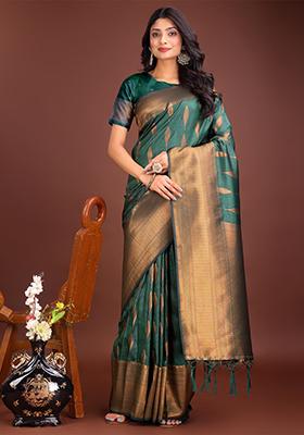 Green Woven Zari Work Banarasi Silk Saree Set