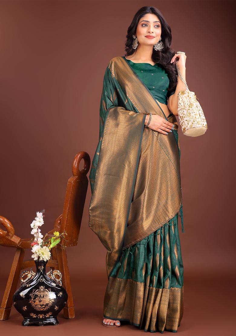 Green Woven Zari Work Banarasi Silk Saree Set