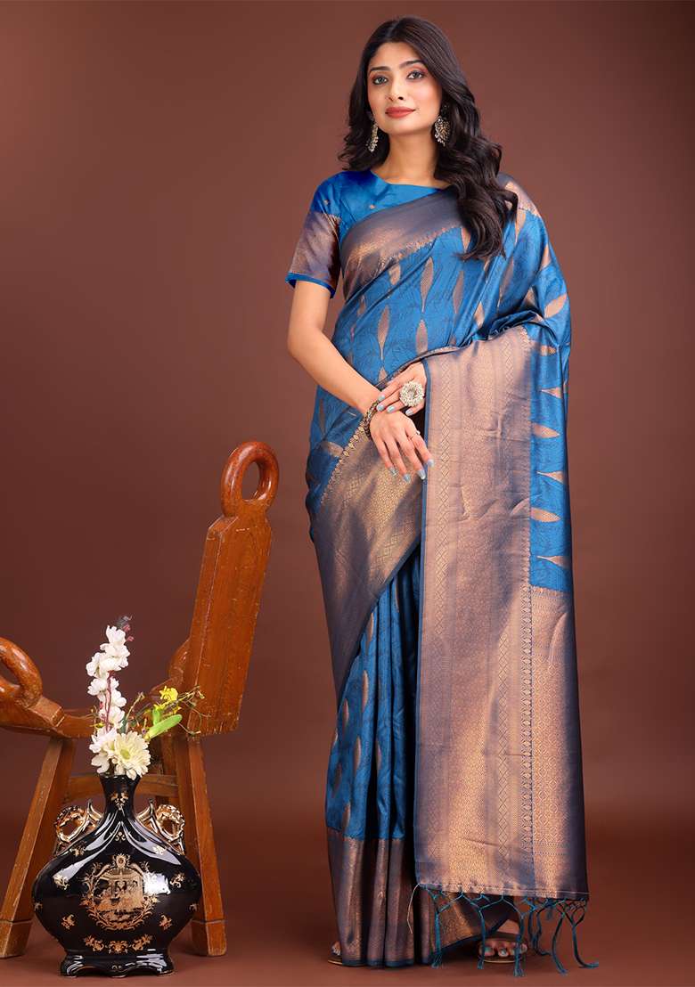 Sky Blue Woven Zari Work Banarasi Silk Saree Set - Indya