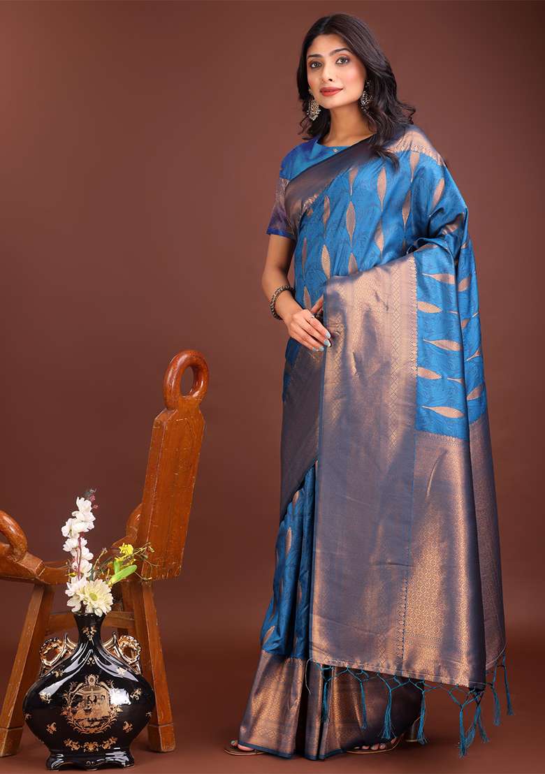 Sky Blue Woven Zari Work Banarasi Silk Saree Set - Indya