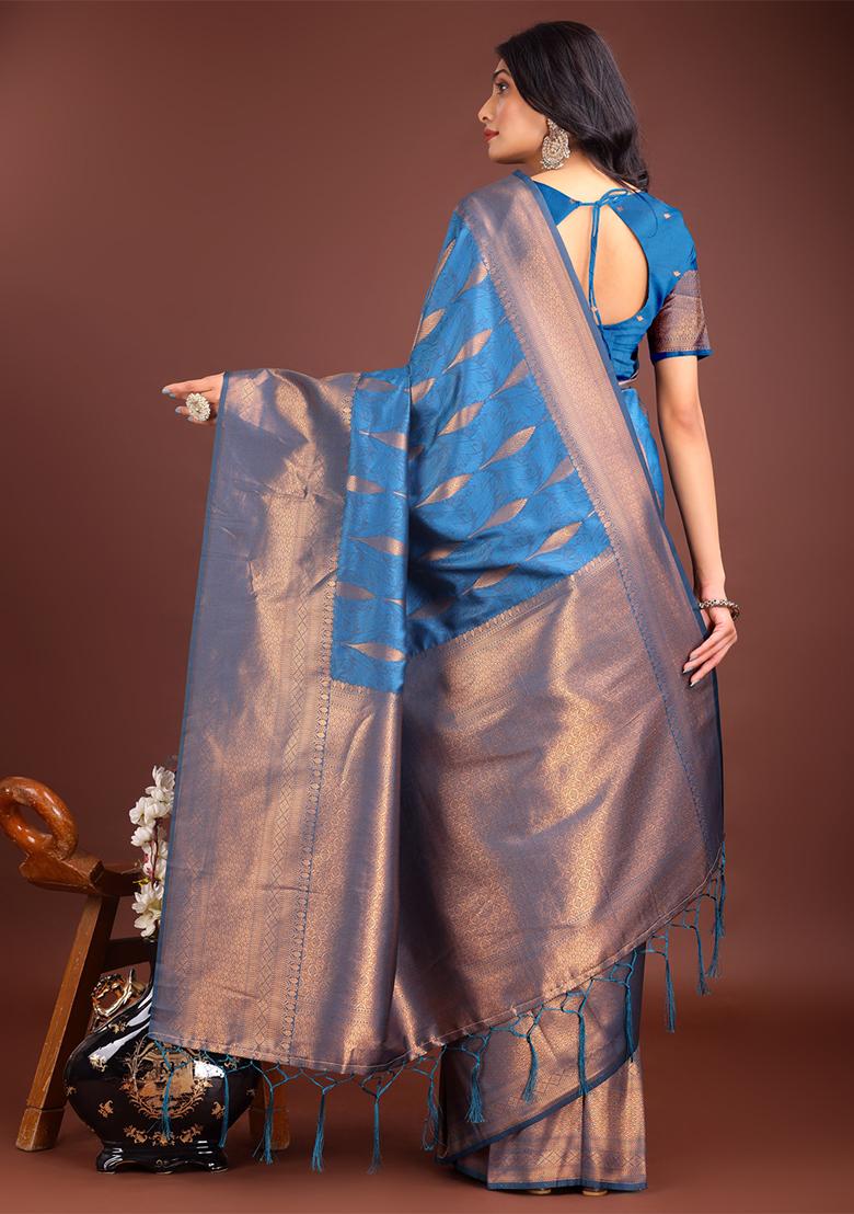 Sky Blue Woven Zari Work Banarasi Silk Saree Set