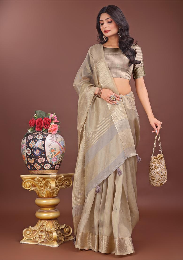 Beige Woven Zari Work Organza Saree Set