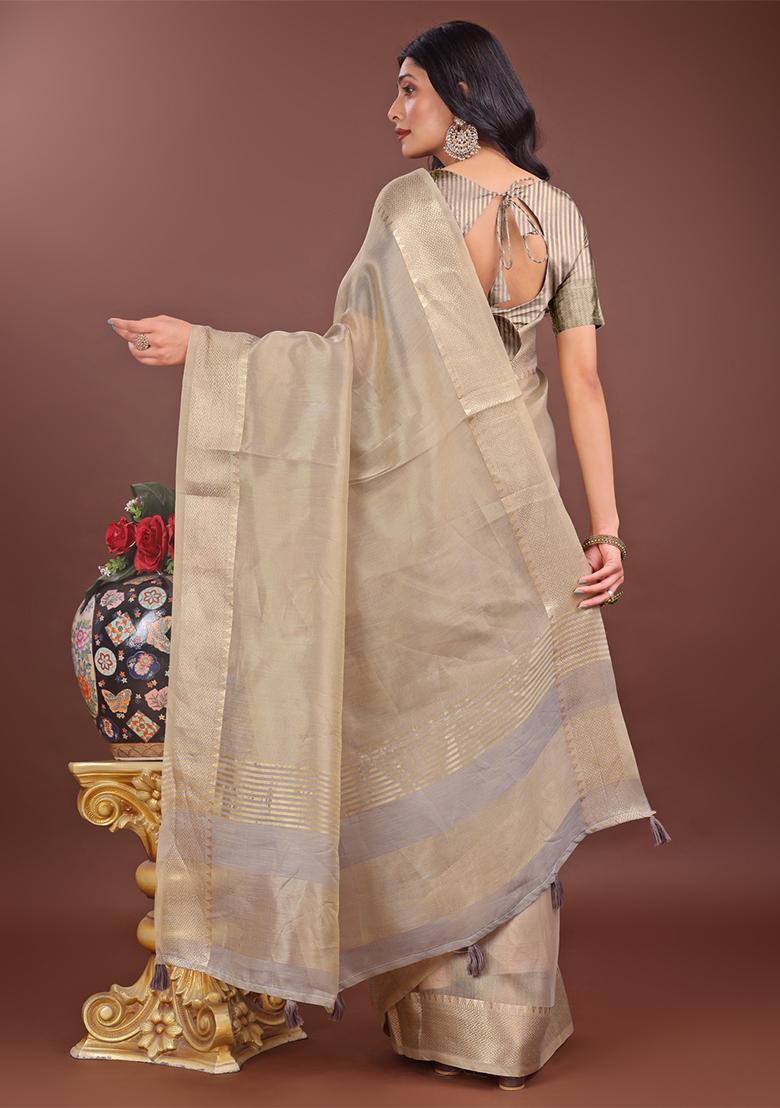 Beige Woven Zari Work Organza Saree Set