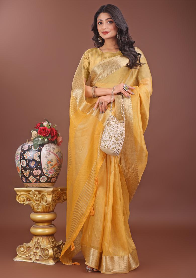 Yellow Woven Zari Work Organza Saree Set
