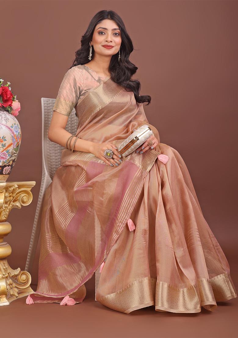 Peach Woven Zari Work Organza Saree Set