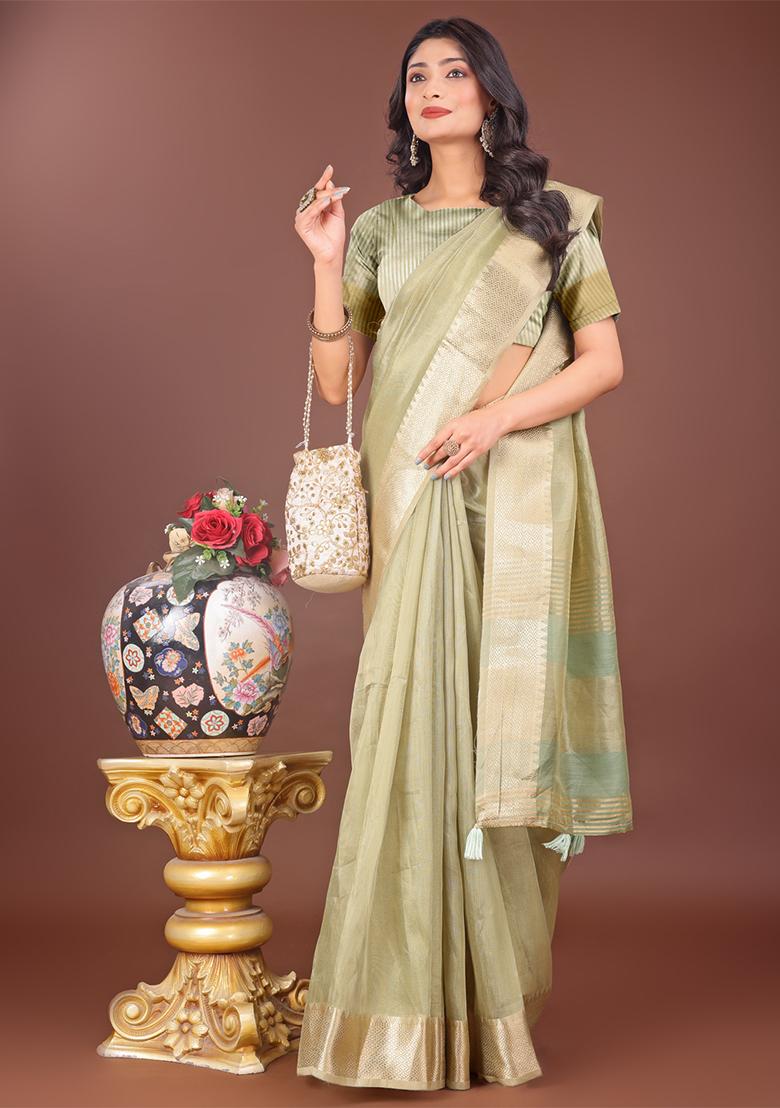 Light Green Woven Zari Work Organza Saree Set