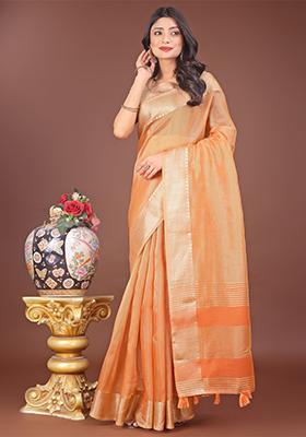 Orange Woven Zari Work Organza Saree Set
