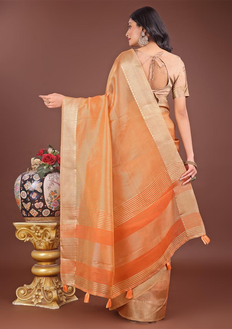 Orange Woven Zari Work Organza Saree Set