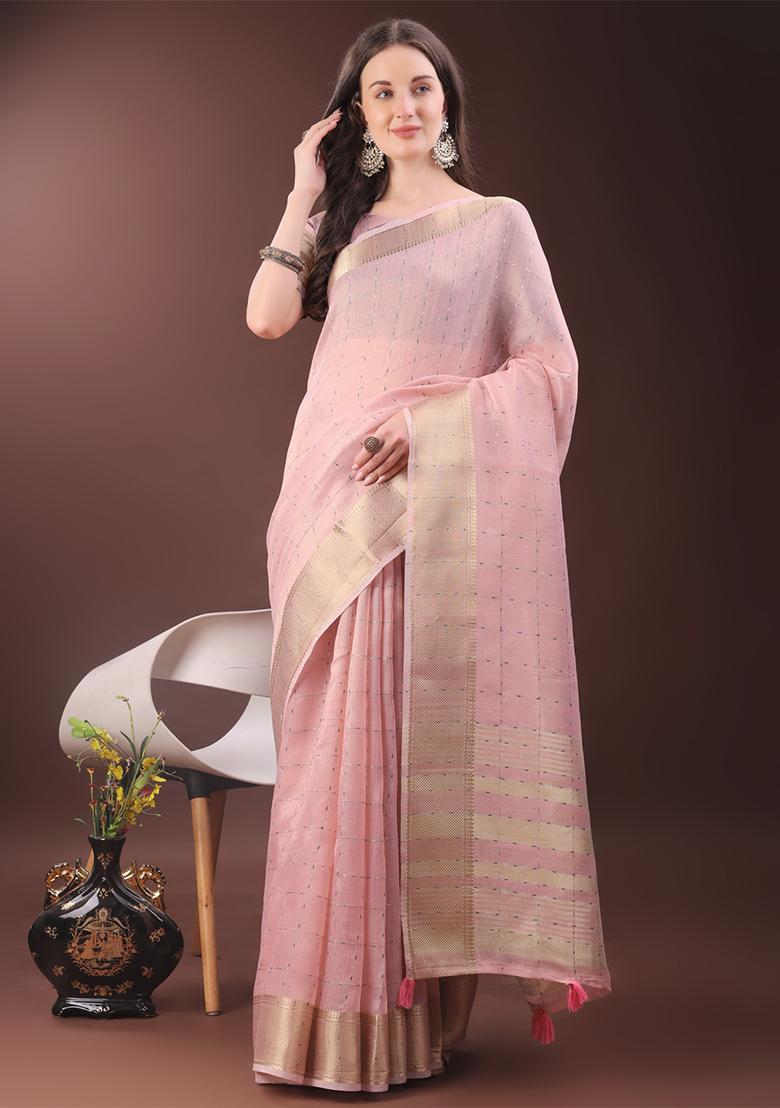 Light Pink Woven Zari Work Organza Saree Set